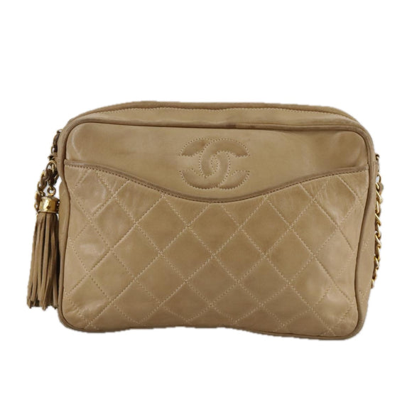 CHANEL Matelasse Chain Shoulder Bag Lamb Skin Beige Gold CC Auth 108395
