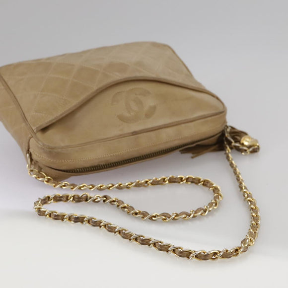 CHANEL Matelasse Chain Shoulder Bag Lamb Skin Beige Gold CC Auth 108395