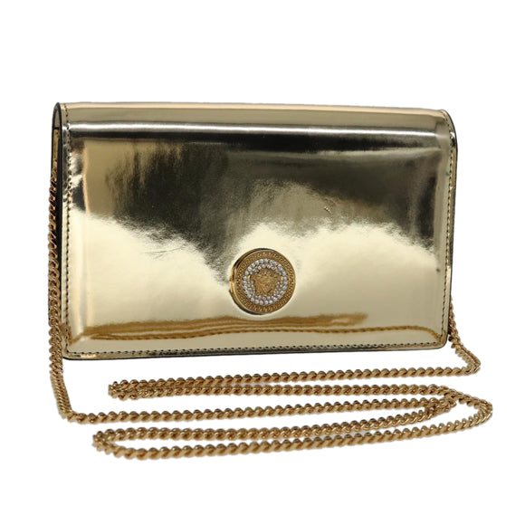 VERSACE Chain Shoulder Bag Patent leather Gold Auth 108487V