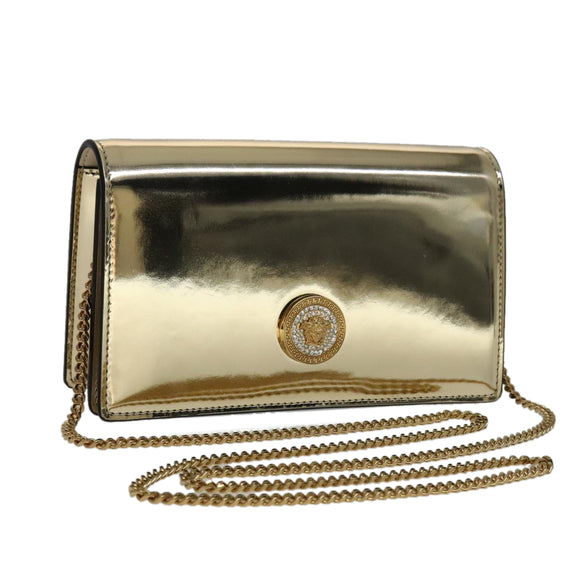 VERSACE Chain Shoulder Bag Patent leather Gold Auth 108490V