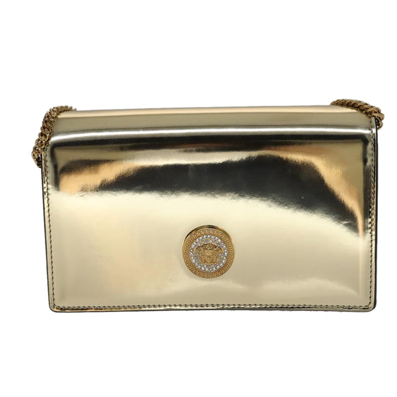 VERSACE Chain Shoulder Bag Patent leather Gold Auth 108490V