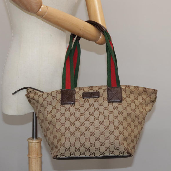 GUCCI GG Canvas Web Sherry Line Tote Bag Beige Silver 131230 Auth 108527