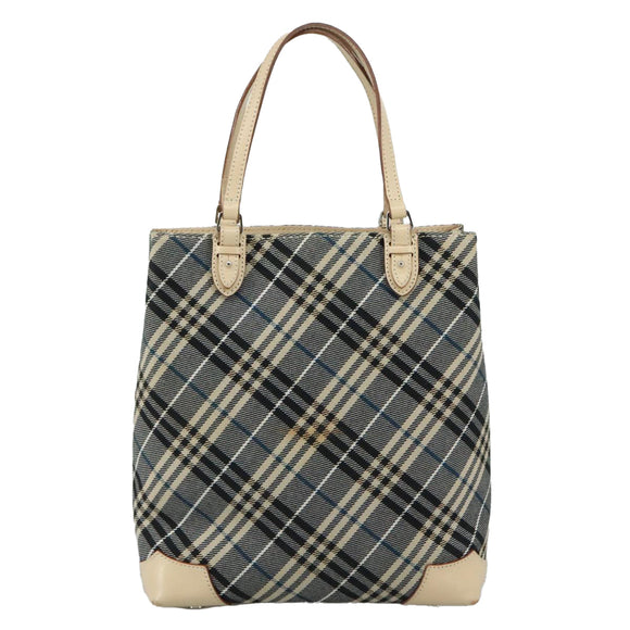 BURBERRY Nova Check Blue Label Tote Bag Canvas Navy Beige Silver Auth 108831