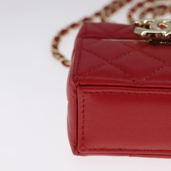 CHANEL Small Box Matelasse Chain Pouch Lamb Skin Red CC Auth 108916AV