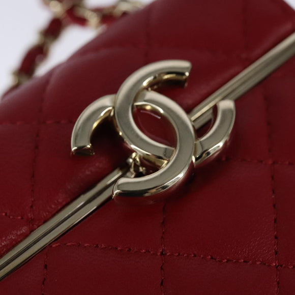 CHANEL Small Box Matelasse Chain Pouch Lamb Skin Red CC Auth 108916AV
