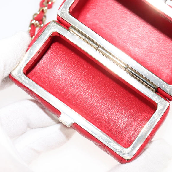 CHANEL Small Box Matelasse Chain Pouch Lamb Skin Red CC Auth 108916AV