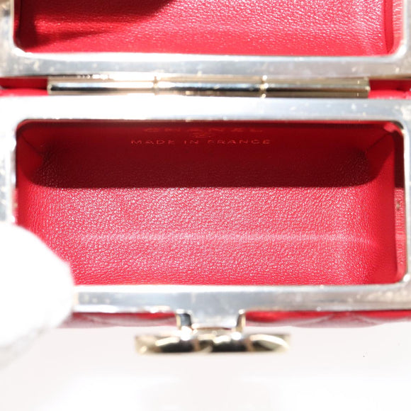 CHANEL Small Box Matelasse Chain Pouch Lamb Skin Red CC Auth 108916AV