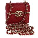 CHANEL Small Box Matelasse Chain Pouch Lamb Skin Red CC Auth 108916AV-1