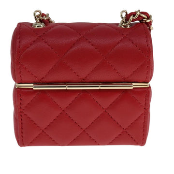 CHANEL Small Box Matelasse Chain Pouch Lamb Skin Red CC Auth 108916AV - 0