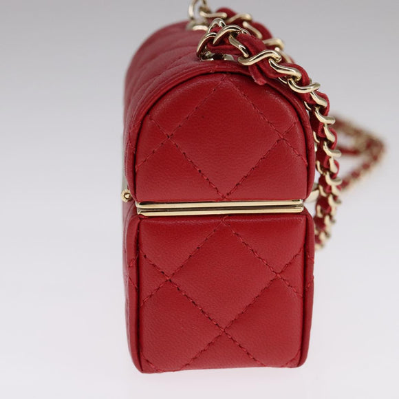 CHANEL Small Box Matelasse Chain Pouch Lamb Skin Red CC Auth 108916AV