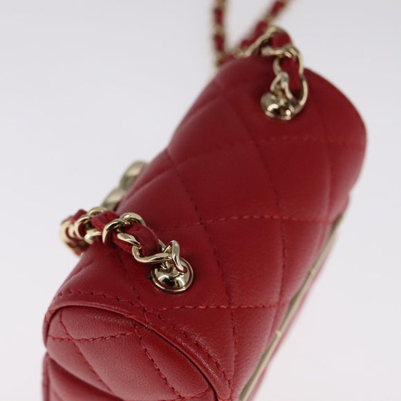 CHANEL Small Box Matelasse Chain Pouch Lamb Skin Red CC Auth 108916AV