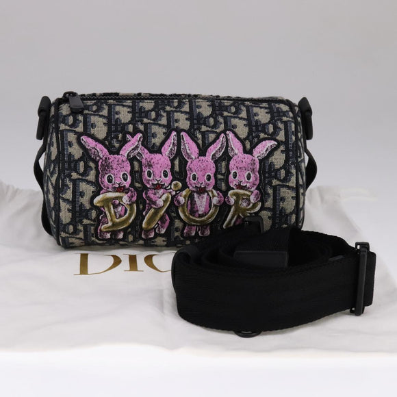 Christian Dior Trotter Canvas Oblique Rabbit Shoulder Bag Navy Auth 108919A