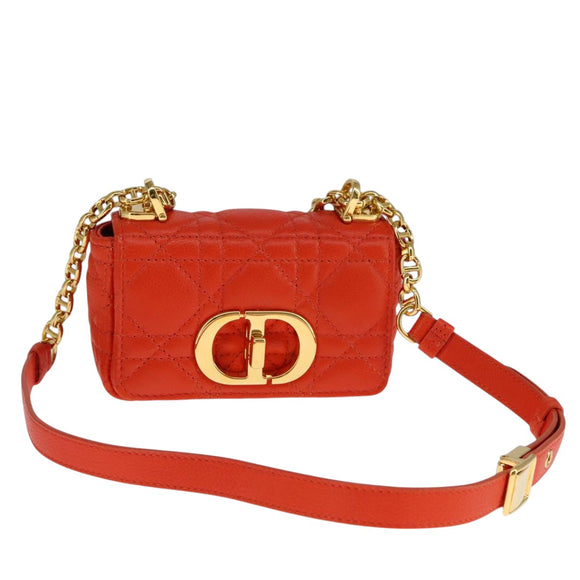 Christian Dior Caro Micro Chain Canage Shoulder Bag Leather Orange Auth 108920SAM