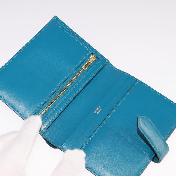 HERMES Bearn Compact Wallet Leather Blue Auth 108926