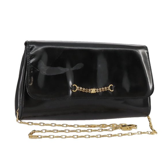 CELINE Chain Shoulder Bag Patent leather Black Auth 108958