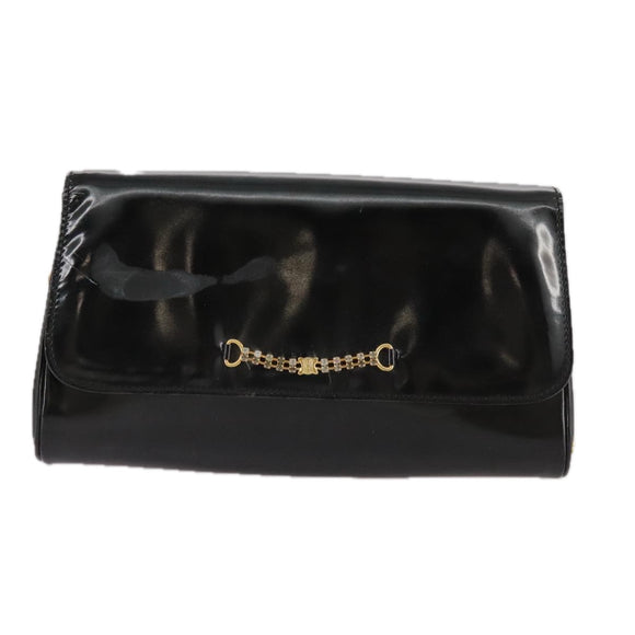 CELINE Chain Shoulder Bag Patent leather Black Auth 108958