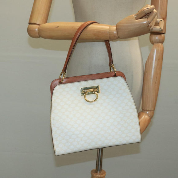 CELINE Macadam Canvas Hand Bag PVC Leather White Gold Auth 109369