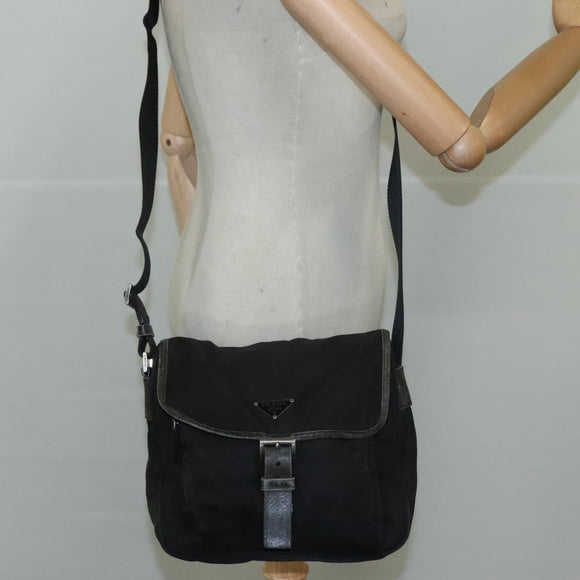 PRADA Shoulder Bag Nylon Black Silver Auth 109422