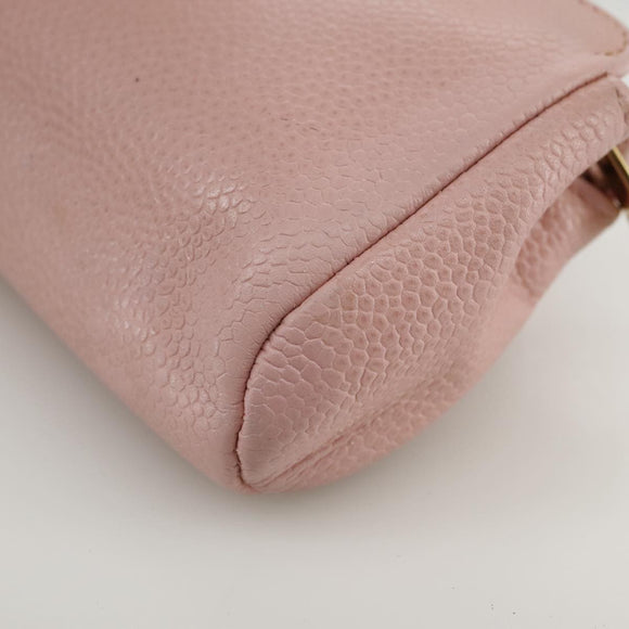 CHANEL COCO Mark Pouch Caviar Skin Pink Gold CC Auth 109423