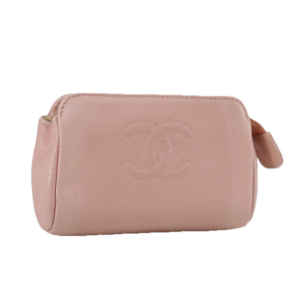 CHANEL COCO Mark Pouch Caviar Skin Pink Gold CC Auth 109423