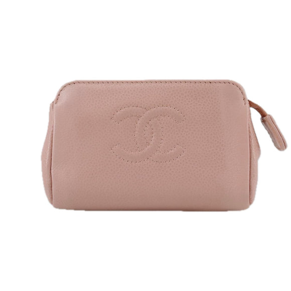 CHANEL COCO Mark Pouch Caviar Skin Pink Gold CC Auth 109423