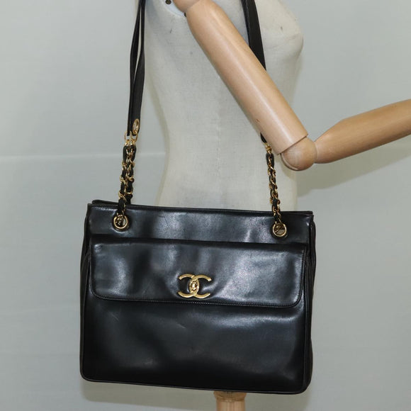 CHANEL COCO Mark Chain Shoulder Bag Lamb Skin Black Gold CC Auth 109490