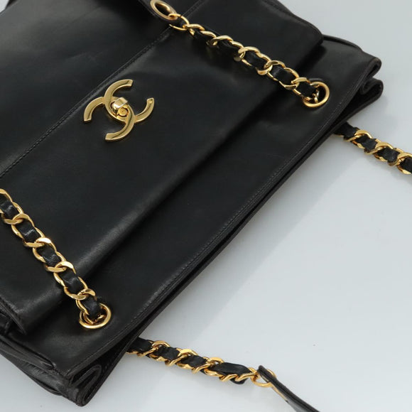 CHANEL COCO Mark Chain Shoulder Bag Lamb Skin Black Gold CC Auth 109490