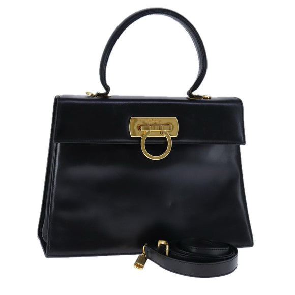 Salvatore Ferragamo Gancini Hand Bag Leather 2way Black Gold Auth 109838