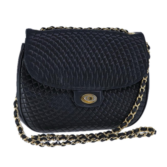 BALLY Chain Shoulder Bag Leather Black Gold Auth 109900