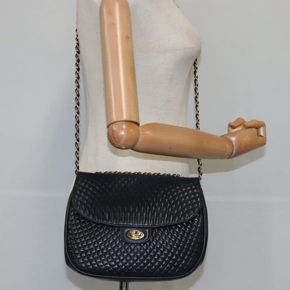 BALLY Chain Shoulder Bag Leather Black Gold Auth 109900