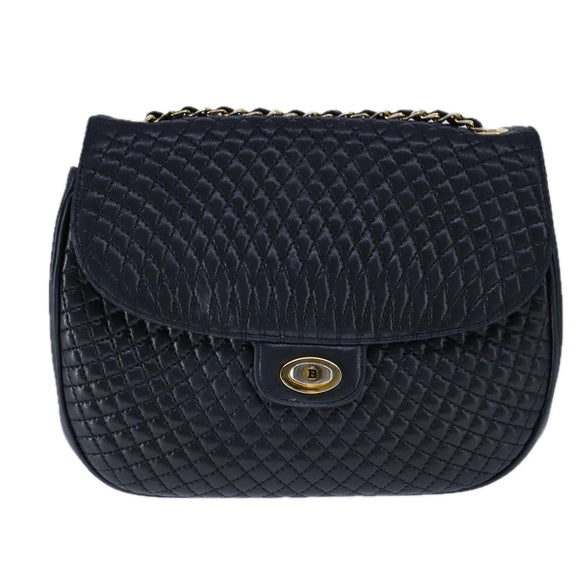 BALLY Chain Shoulder Bag Leather Black Gold Auth 109900