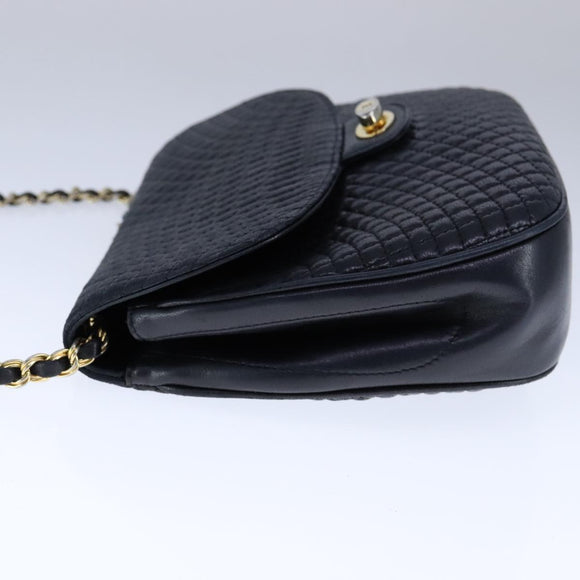 BALLY Chain Shoulder Bag Leather Black Gold Auth 109900