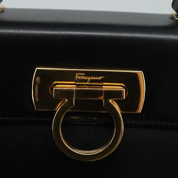 Salvatore Ferragamo Gancini Hand Bag Leather Black Gold Auth 110014