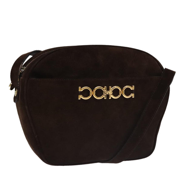Salvatore Ferragamo Gancini Shoulder Bag Suede Brown Gold Auth 110015
