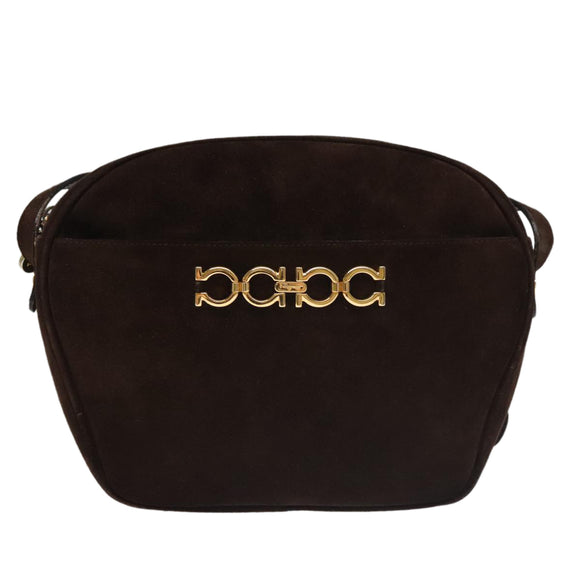 Salvatore Ferragamo Gancini Shoulder Bag Suede Brown Gold Auth 110015