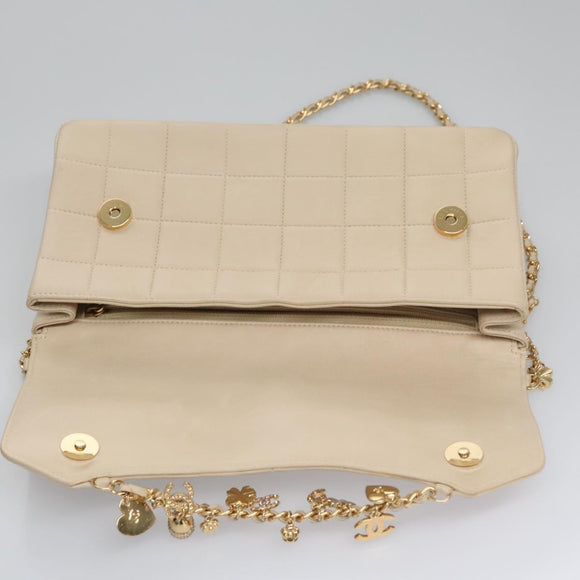 CHANEL Choco Bar Chain Shoulder Bag Lamb Skin Ivory CC Auth 110166A