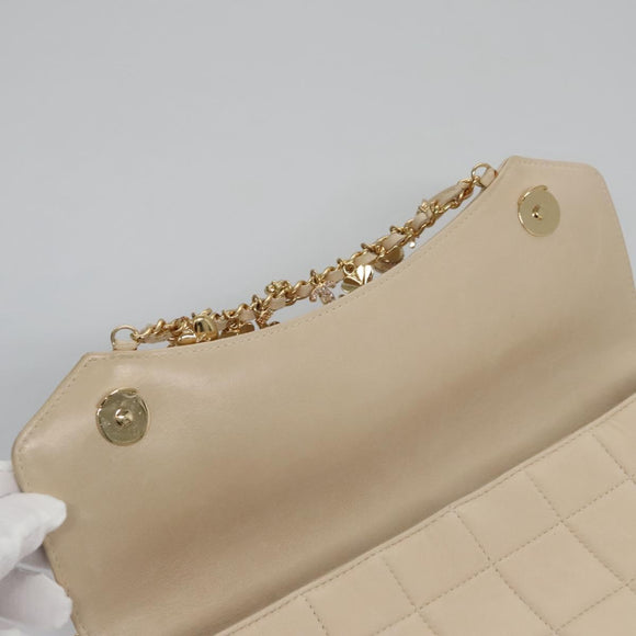 CHANEL Choco Bar Chain Shoulder Bag Lamb Skin Ivory CC Auth 110166A