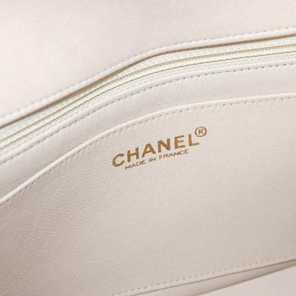 CHANEL Choco Bar Chain Shoulder Bag Lamb Skin Ivory CC Auth 110166A