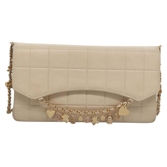 CHANEL Choco Bar Chain Shoulder Bag Lamb Skin Ivory CC Auth 110166SAM