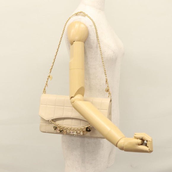 CHANEL Choco Bar Chain Shoulder Bag Lamb Skin Ivory CC Auth 110166A