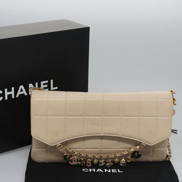CHANEL Choco Bar Chain Shoulder Bag Lamb Skin Ivory CC Auth 110166A