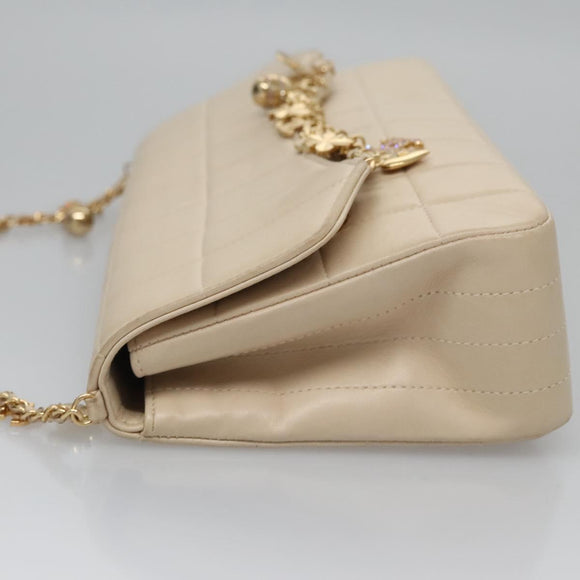 CHANEL Choco Bar Chain Shoulder Bag Lamb Skin Ivory CC Auth 110166A