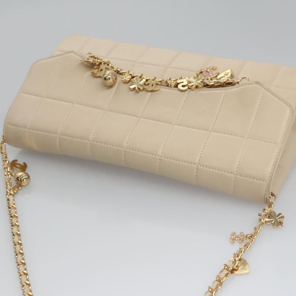 CHANEL Choco Bar Chain Shoulder Bag Lamb Skin Ivory CC Auth 110166SAM