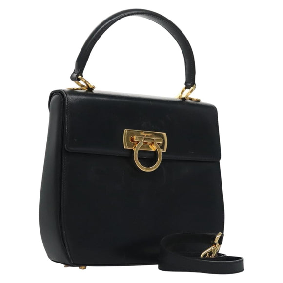 Salvatore Ferragamo Gancini Hand Bag Leather 2way Black Auth 110168