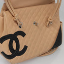 CHANEL Matelasse Cambon Line Shoulder Bag Leather Beige Silver CC Auth 110229A-23