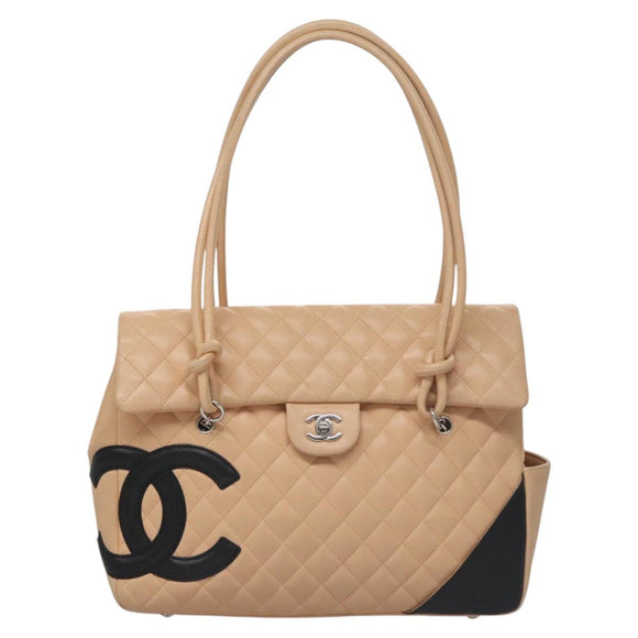 CHANEL Matelasse Cambon Line Shoulder Bag Leather Beige Silver CC Auth 110229A