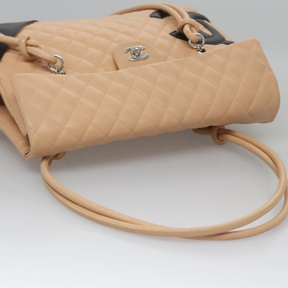 CHANEL Matelasse Cambon Line Shoulder Bag Leather Beige Silver CC Auth 110229A