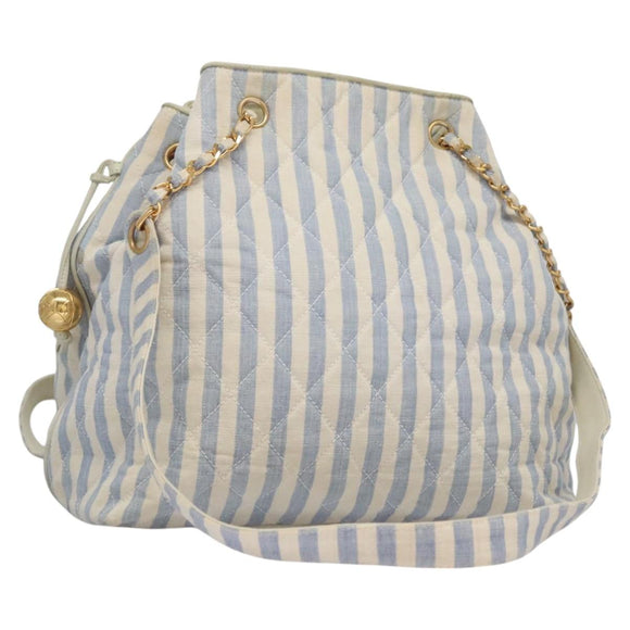 CHANEL Matelasse Chain Shoulder Bag Canvas White Light Blue CC Auth 110253