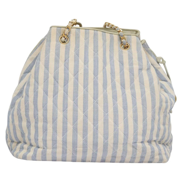 CHANEL Matelasse Chain Shoulder Bag Canvas White Light Blue CC Auth 110253