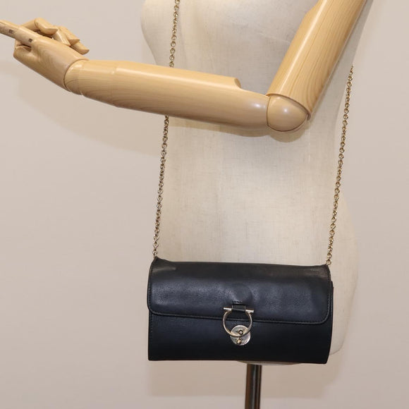 Salvatore Ferragamo Gancini Chain Shoulder Wallet Leather Black Auth 110302